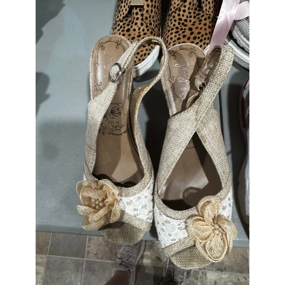 Lilly Pulitzer Apricot Lace Burlap Cork Wedge Sandals Floral Slingback Tan 9M